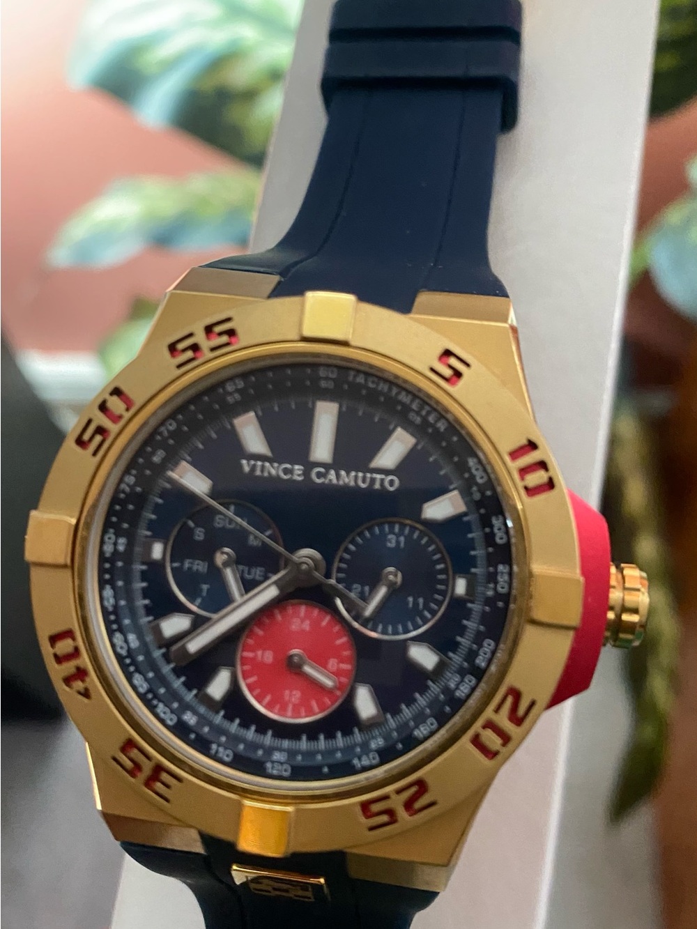 Vince Camuto Gold and Navy Chronograph Watch with Red Accents